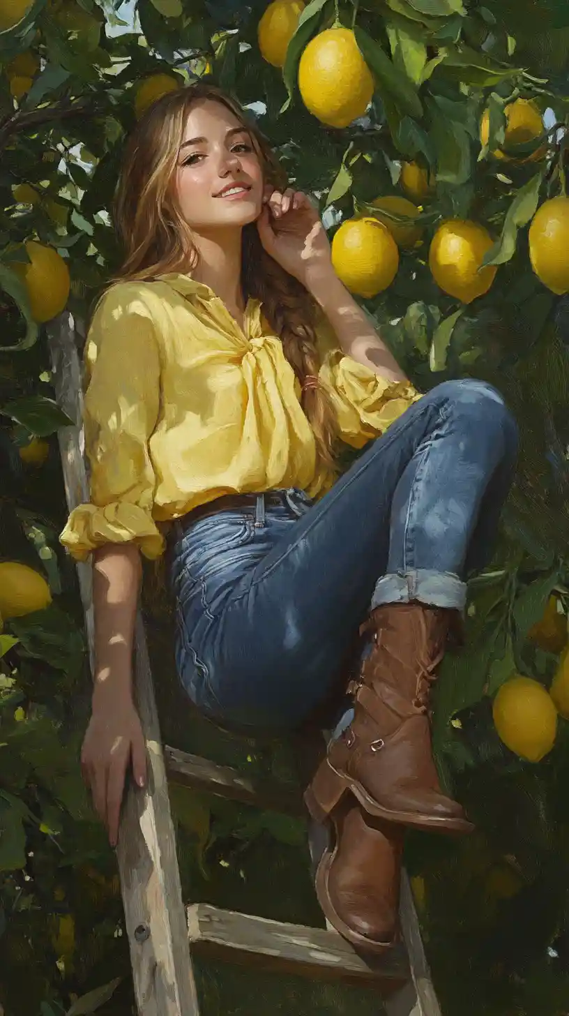 Smiling girl picking lemons from a sunlit tree