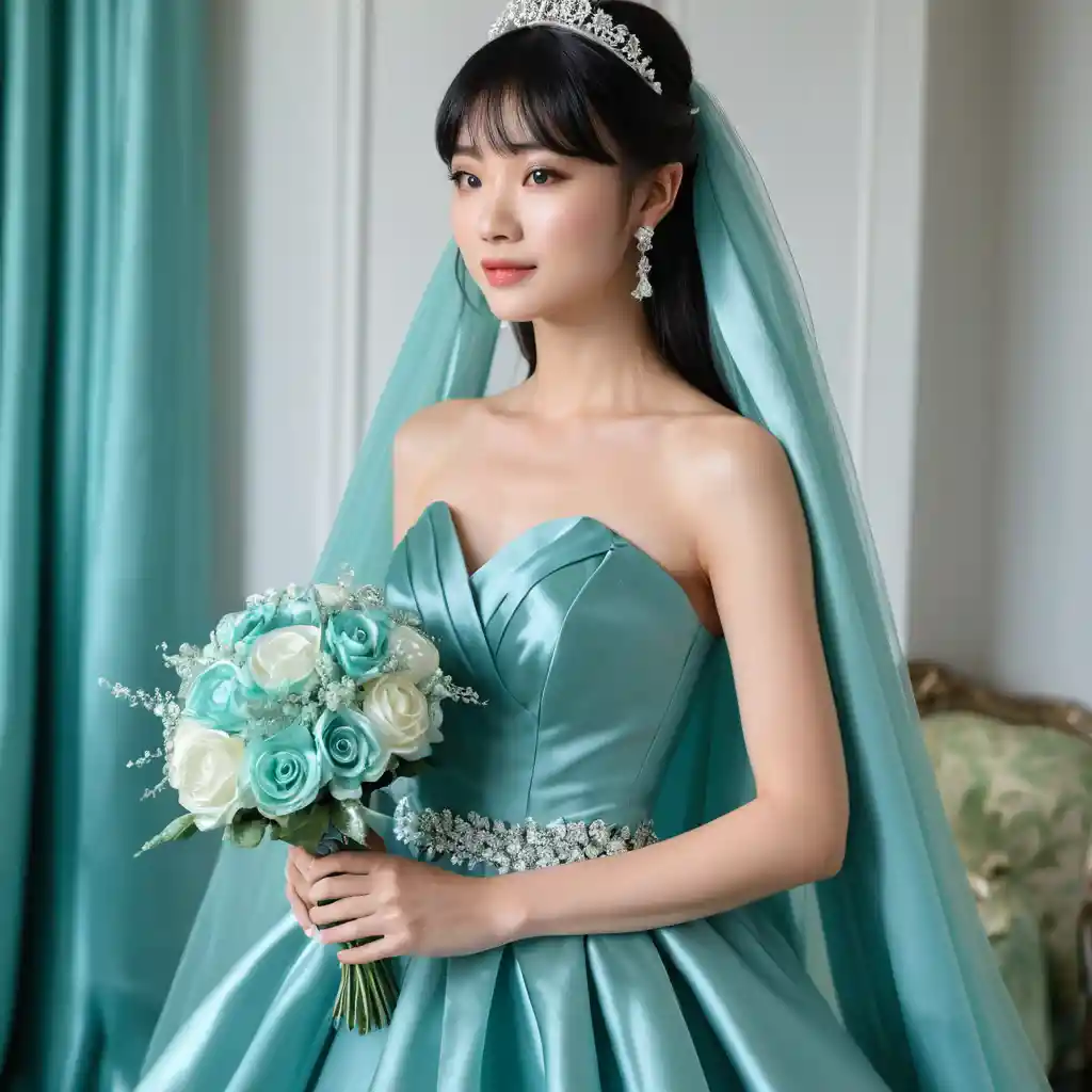 Elegant Japanese bride in turquoise satin wedding gown