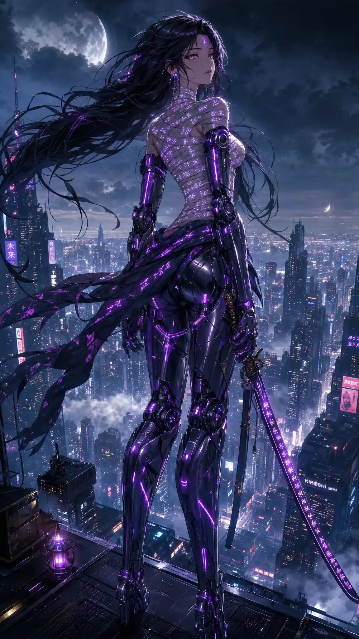 Anime girl in cyber armor above misty night city