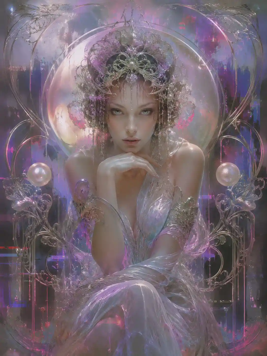 Surreal neon portrait of a poised lady facing the camera