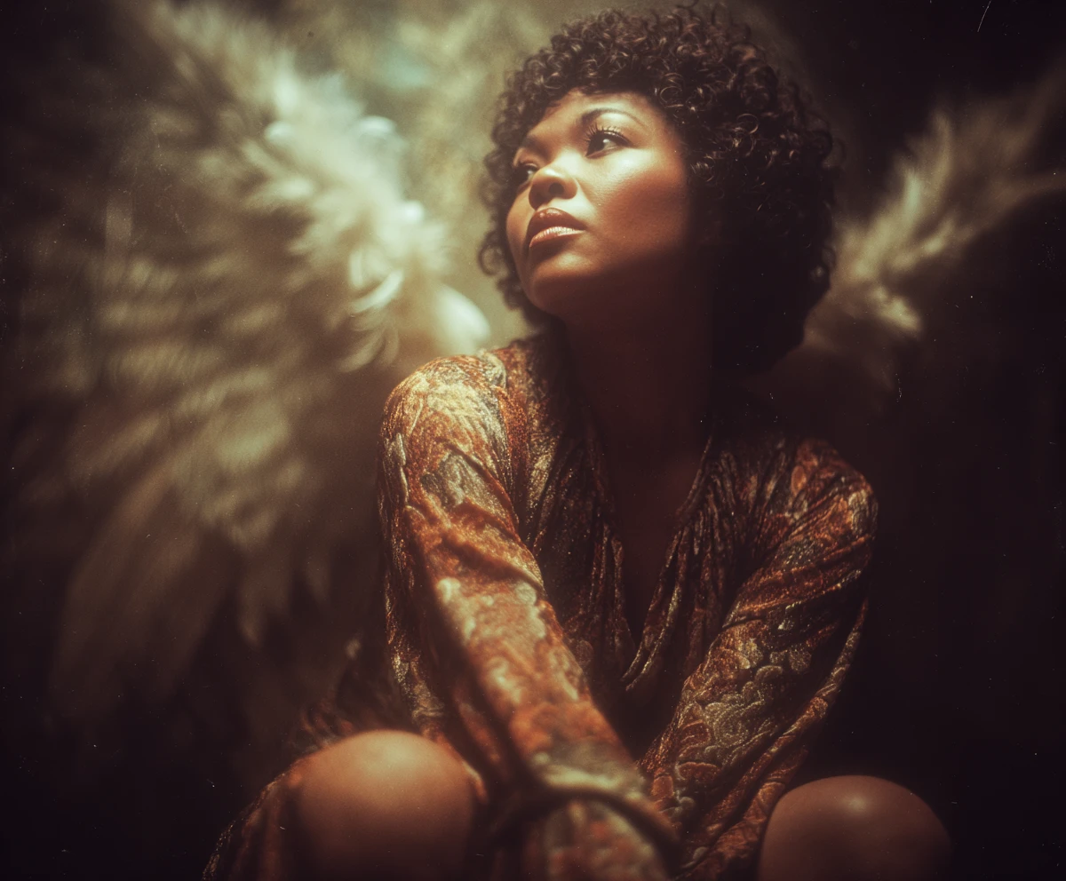 Unconventional African American angel portrait in soft analog style