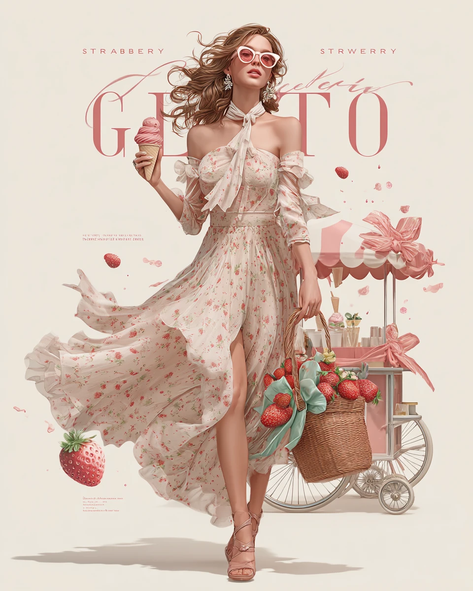 Chica con vestido de fresas, helado y carrito vintage