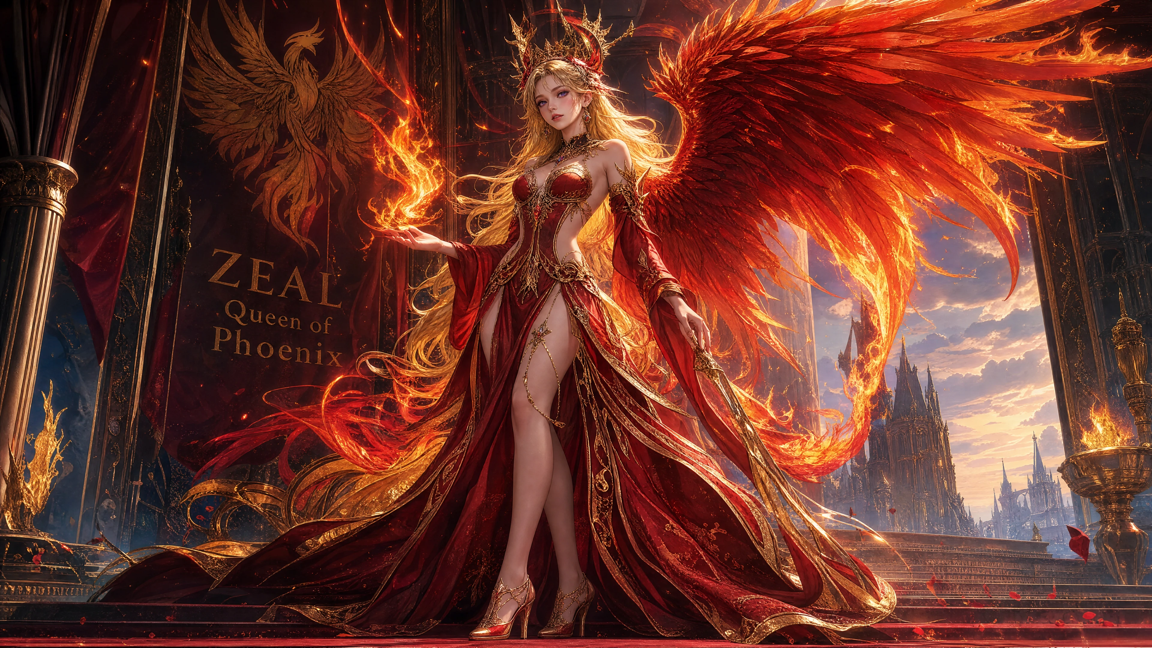 Regal phoenix queen with blazing red wings and crown