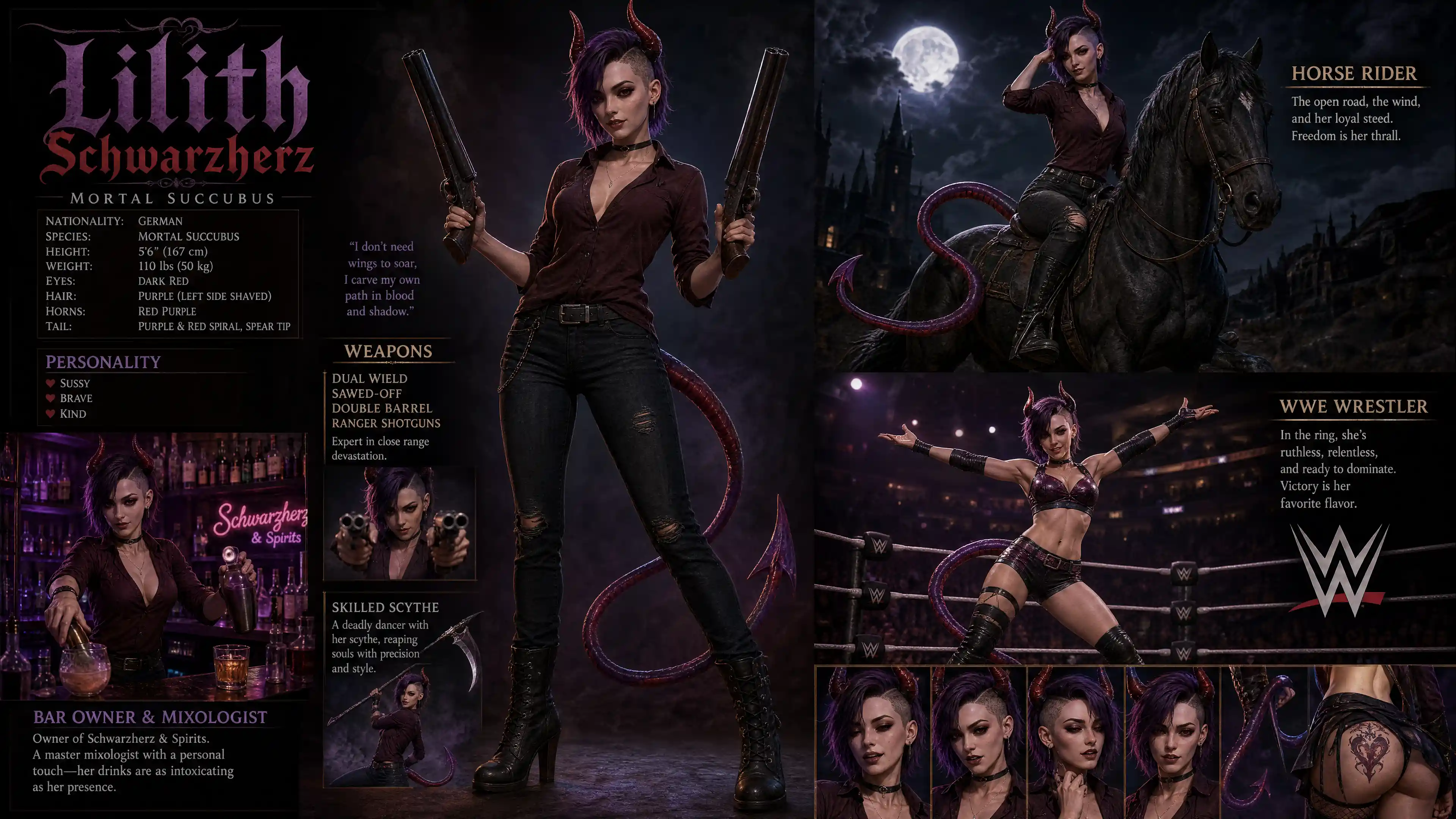 Slim horned succubus woman with purple hair and tail