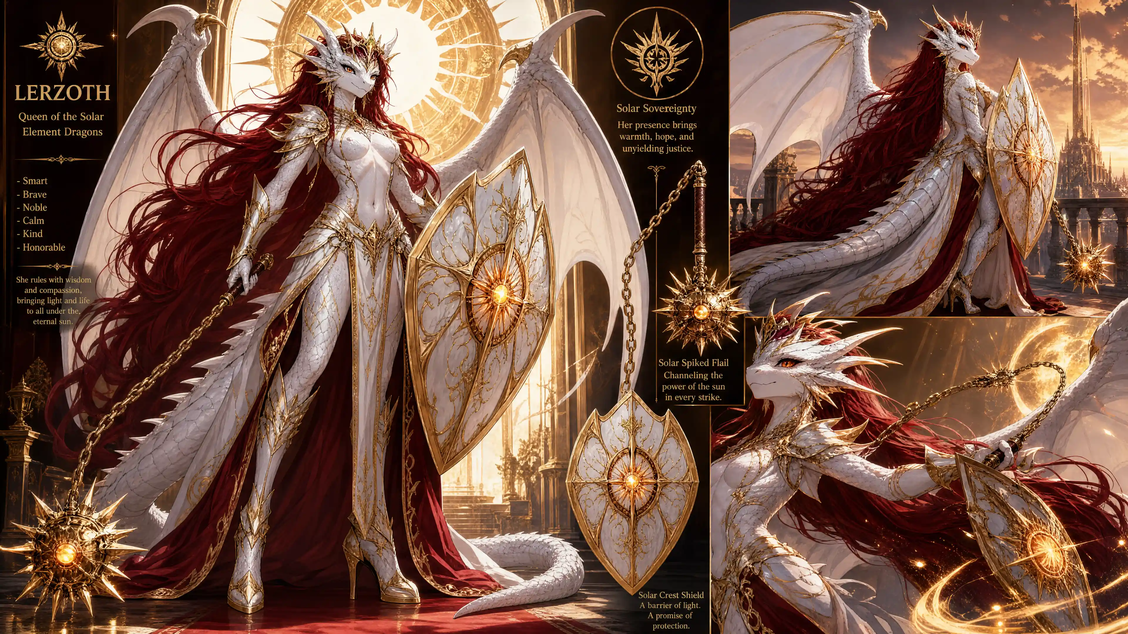 Winged dragon queen with solar armor and flail