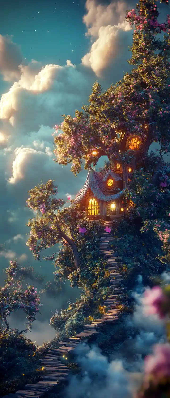 Bright surreal landscape with whimsical artistic details