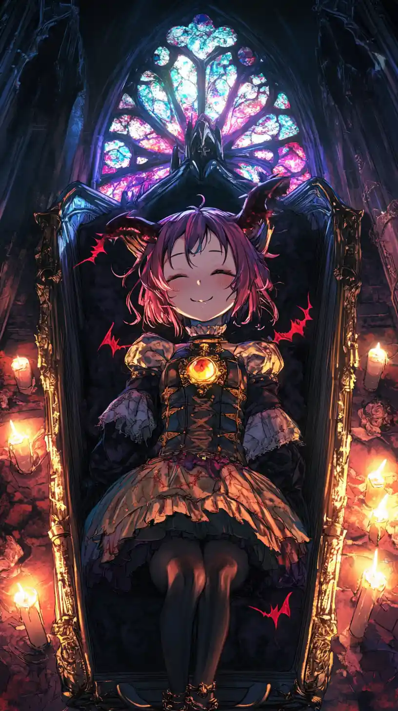 Anime girl sleeping in chained coffin in gothic cathedral