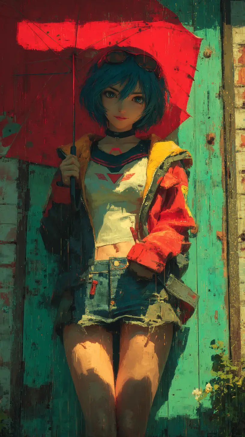 Anime girl on a rainy city street with dramatic lighting