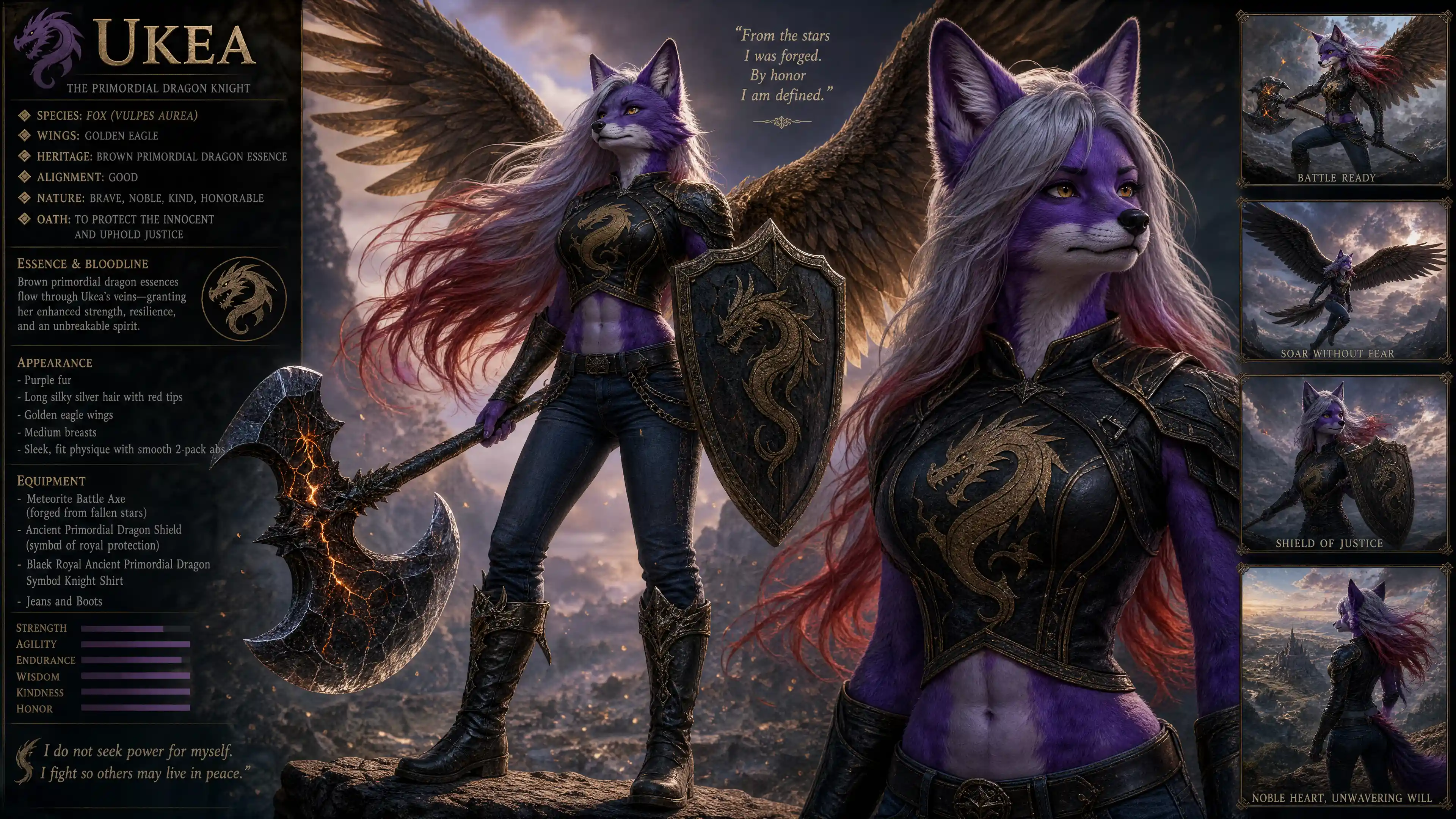 Heroic purple fox woman with dragon knight armor