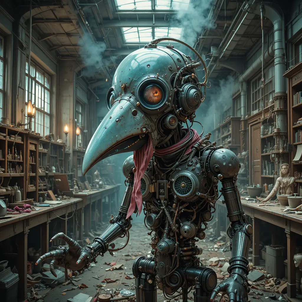 Surreal glass crow machine screaming in abandoned factory