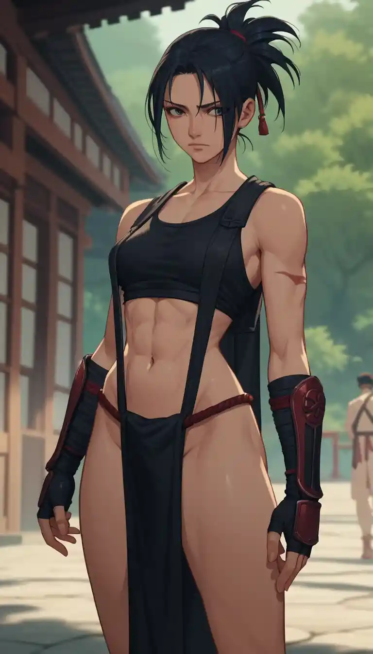Beautiful anime warrior woman in sling armor and loincloth