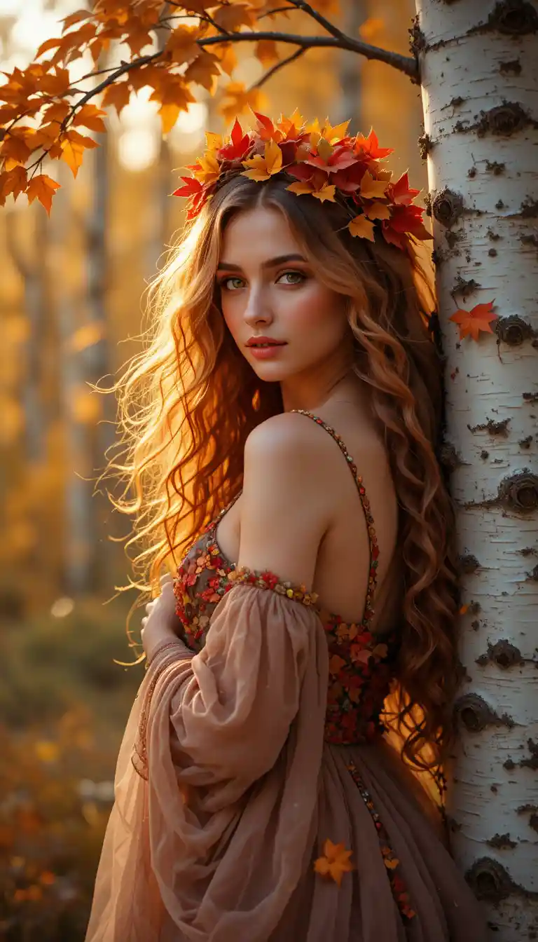 Autumn goddess portrait beside birch tree in glowing light