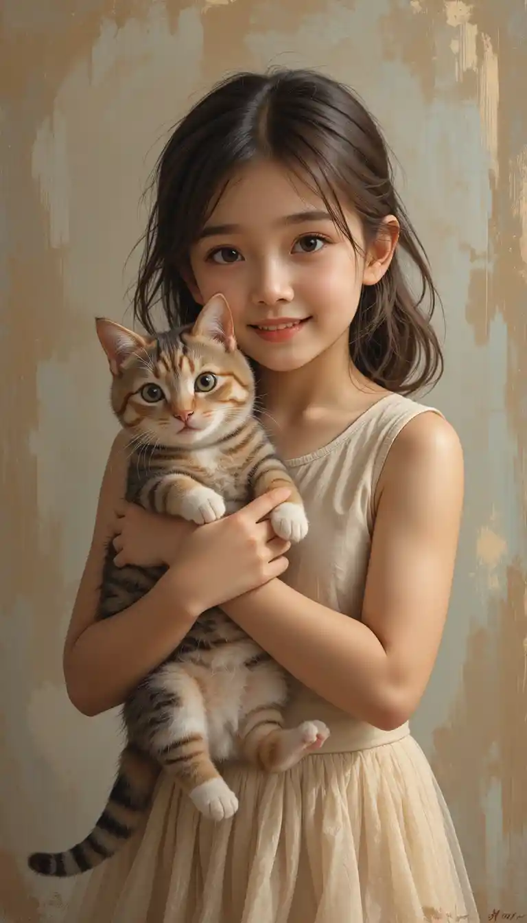 Smiling young girl holding a cat in a warm portrait