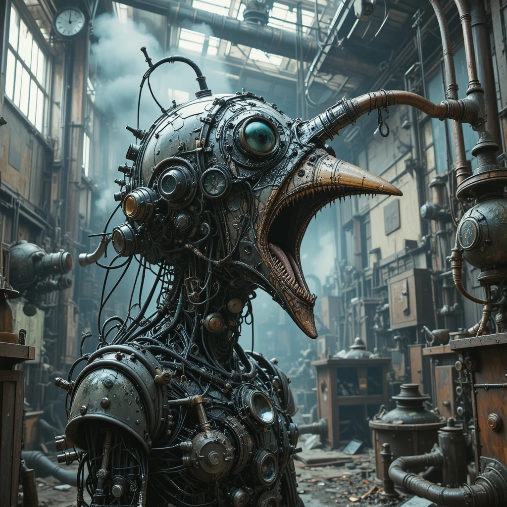 Surreal glass crow headed machine screaming in empty factory