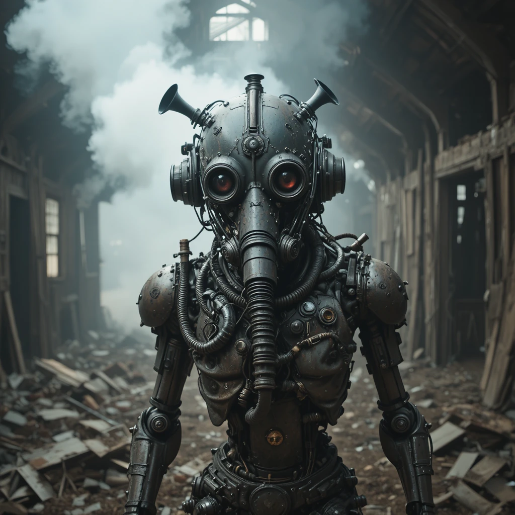 Surreal mechanical creature gawking inside an abandoned barn