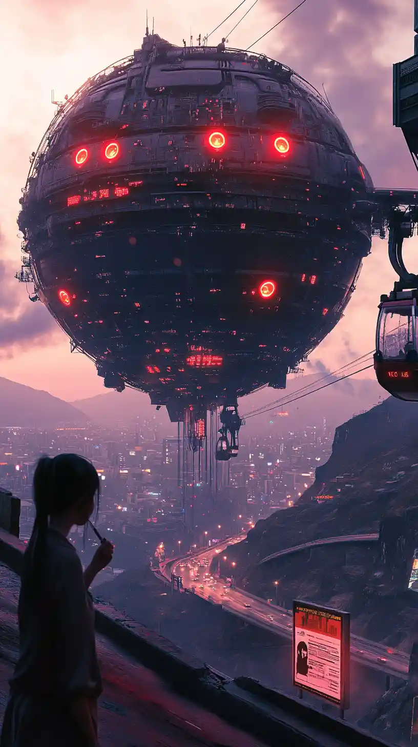 Anime girl smoking before a vast futuristic mining complex