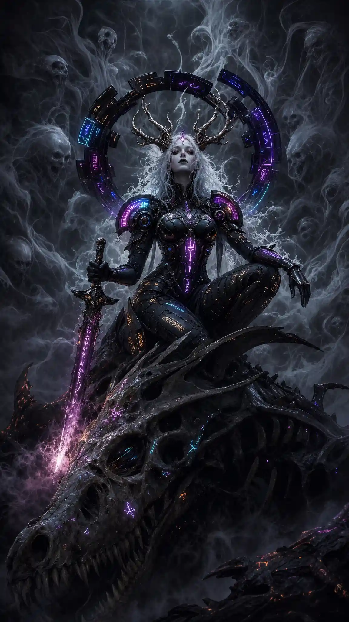 Antlered cyberpunk heroine on skeletal dragon in swirling mist