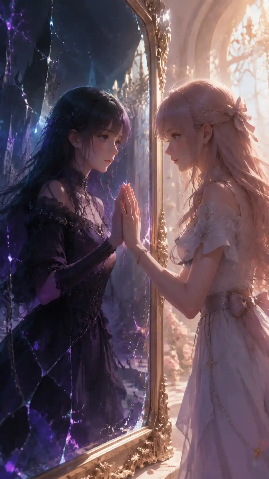 Two anime girls mirrored on glass in 3D illustration