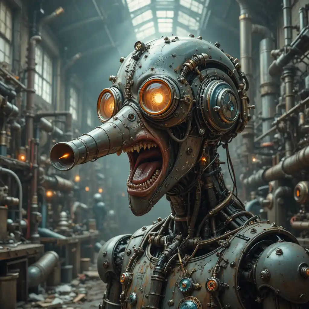 Surreal mechanical crow headed terror machine in factory