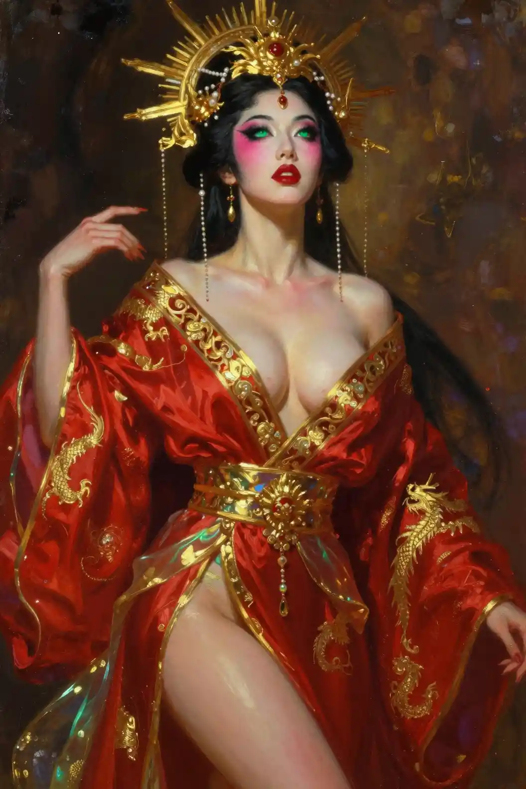 Mythic close up of alluring asian warrior priestess