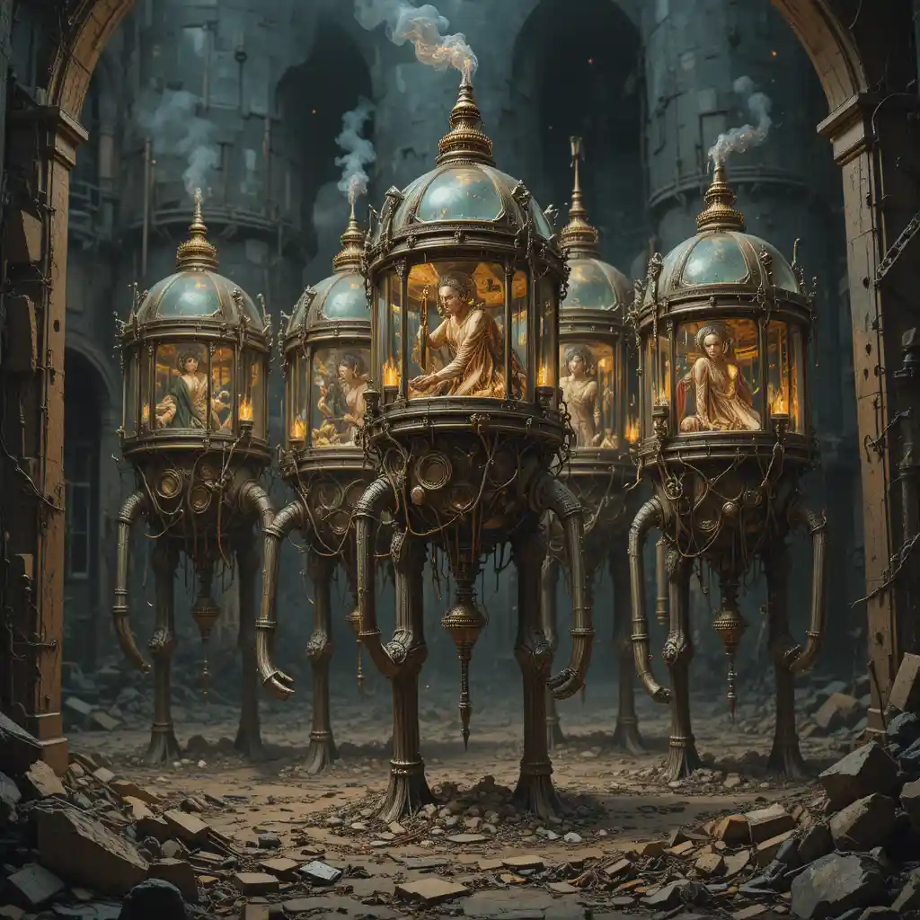 Surreal glass headed creatures in a vivid mechanical dreamscape
