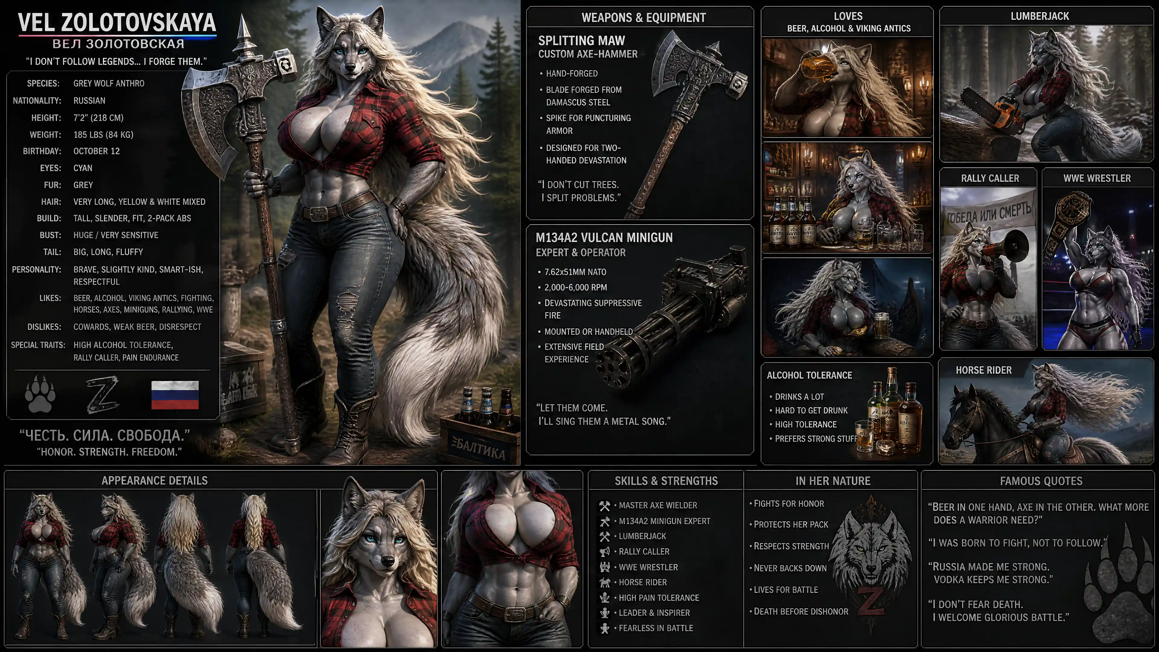 Tall grey wolf warrior woman with axe in forest