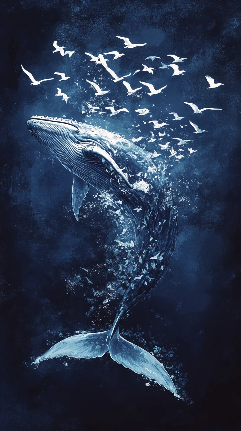 Breaching whale dissolving into ocean waves and seabirds