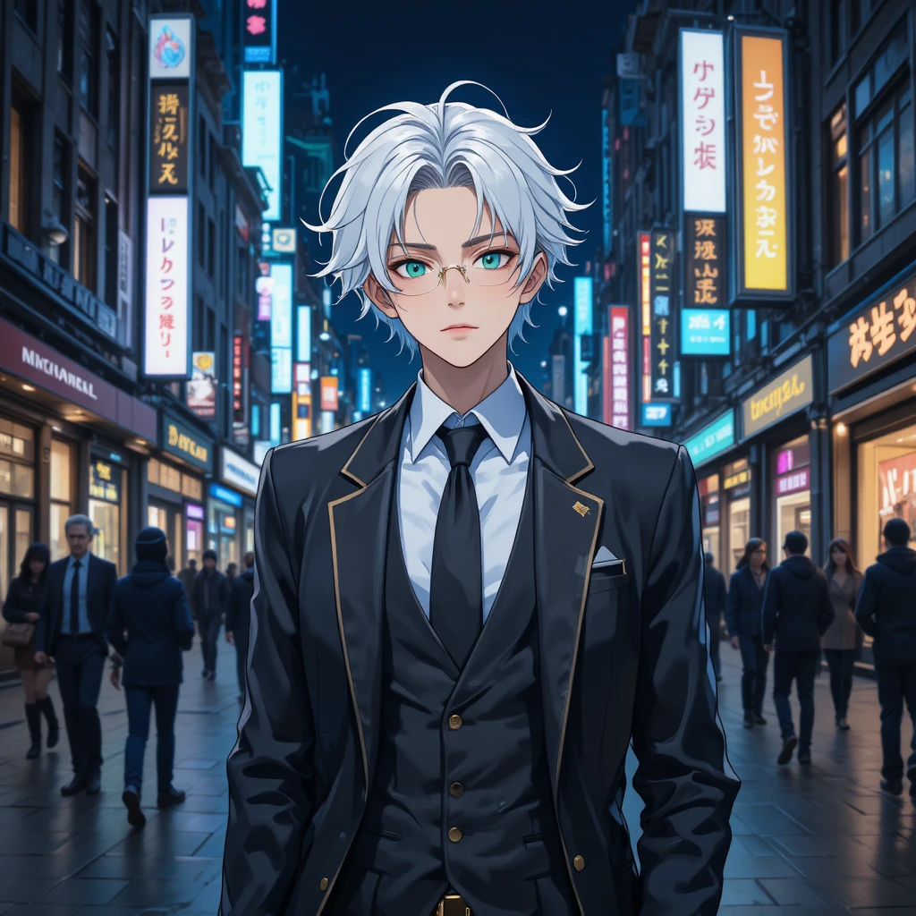 Stylish anime boy walking through the city at night