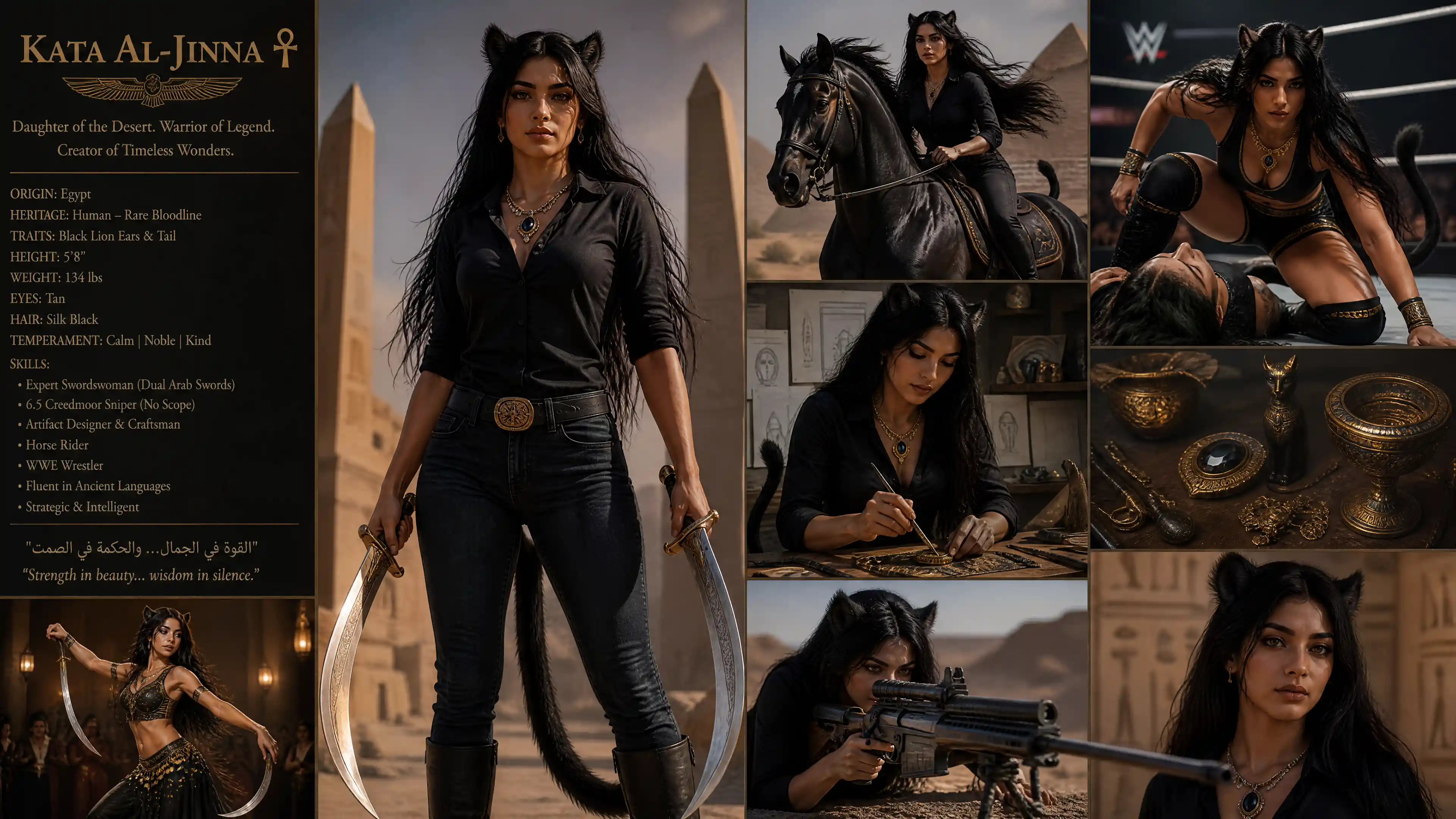 Fantasy Egyptian woman with black lion ears and tail
