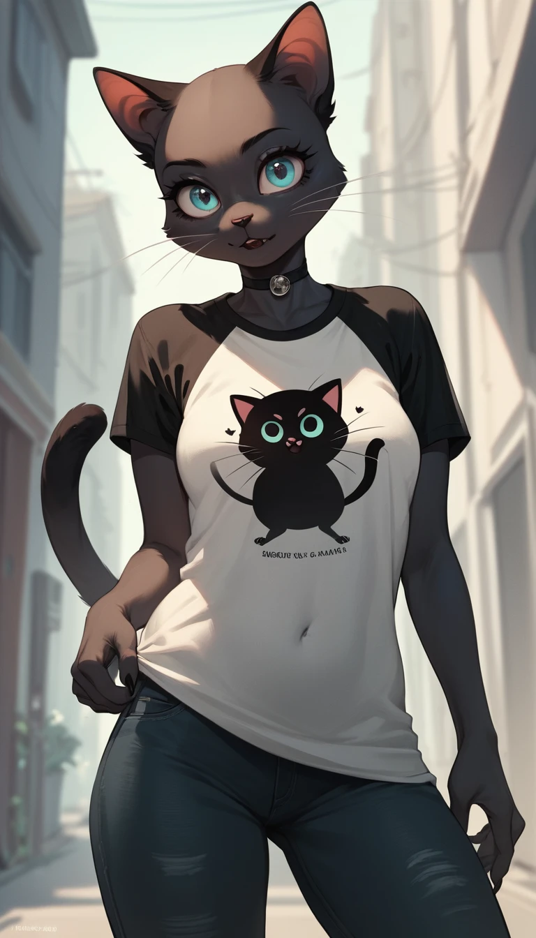 Anthropomorphic black cat girl in casual t shirt and pants