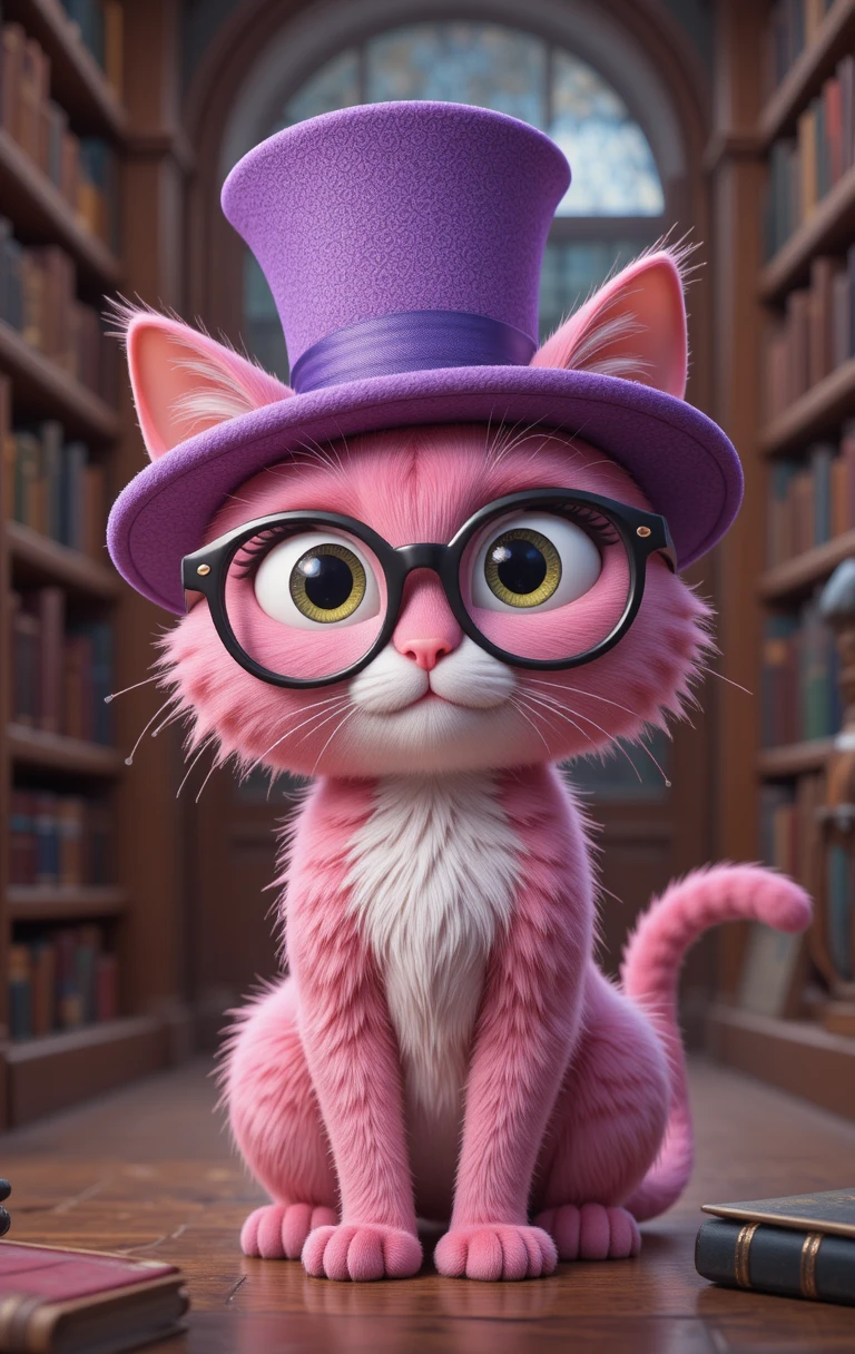 Cute pink cat with top hat reading in a library