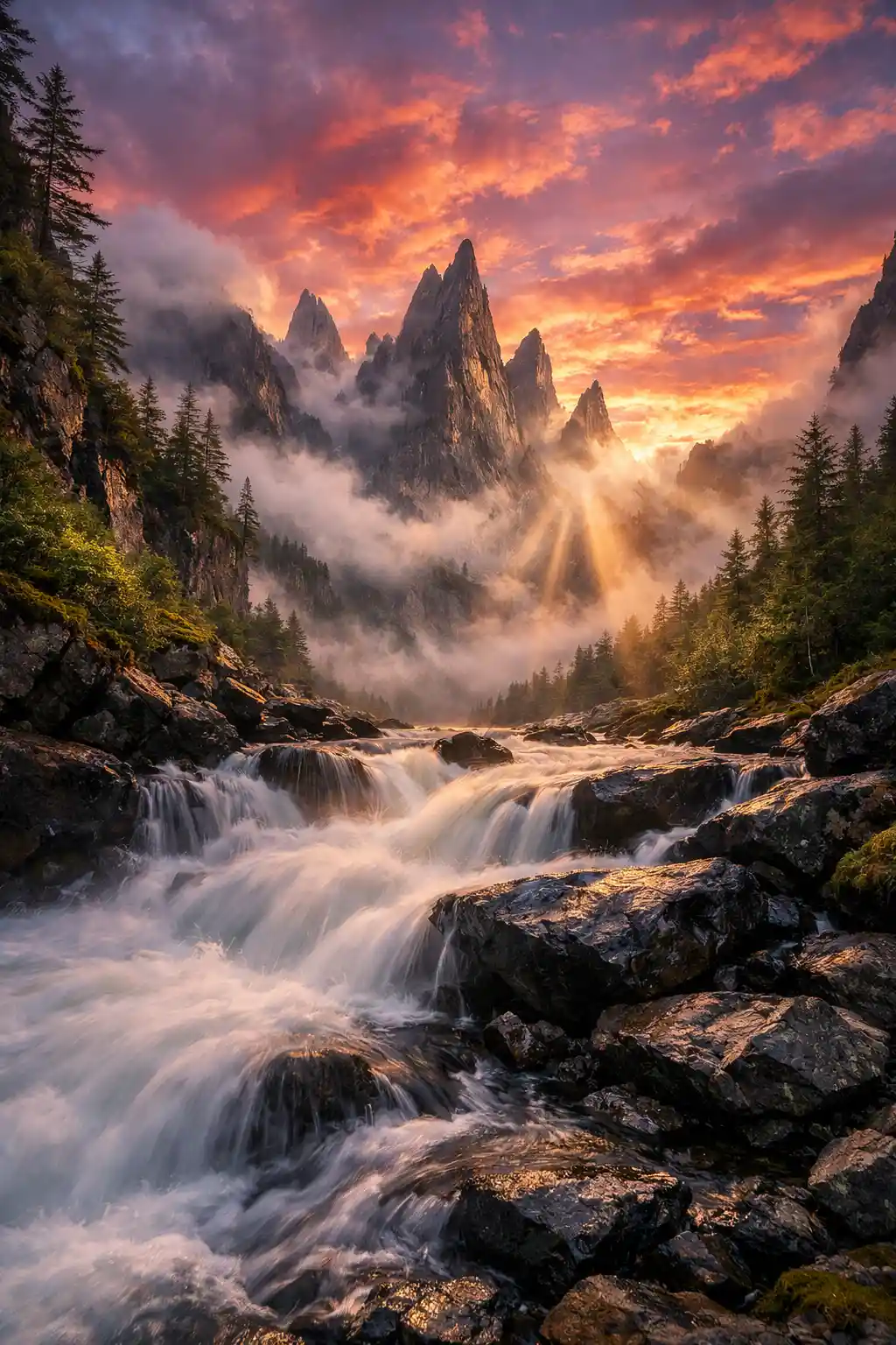 Drammatiche vette montuose avvolte nella nebbia su un fiume colorato al crepuscolo