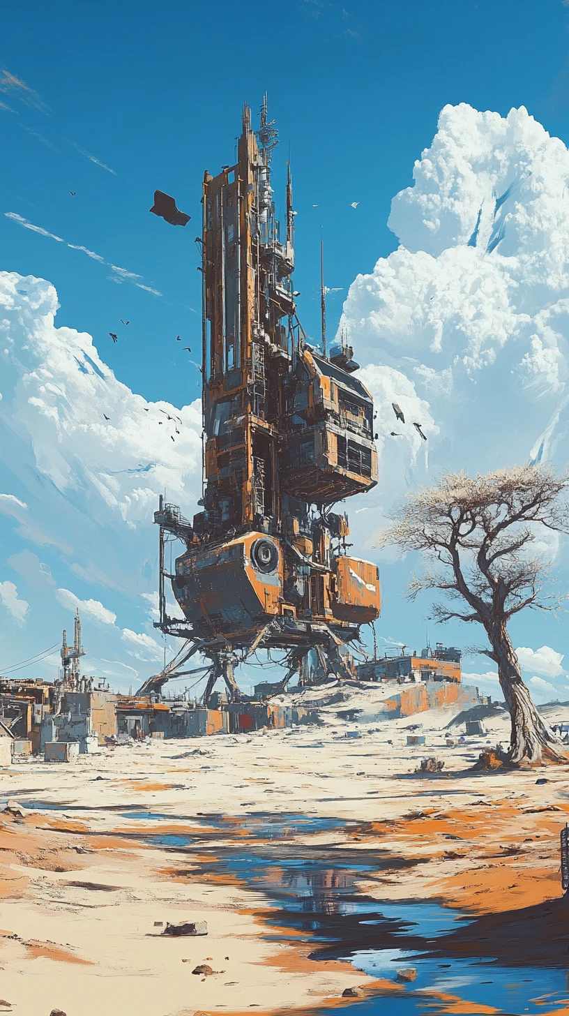 Surreal steel machine among sand concrete and water