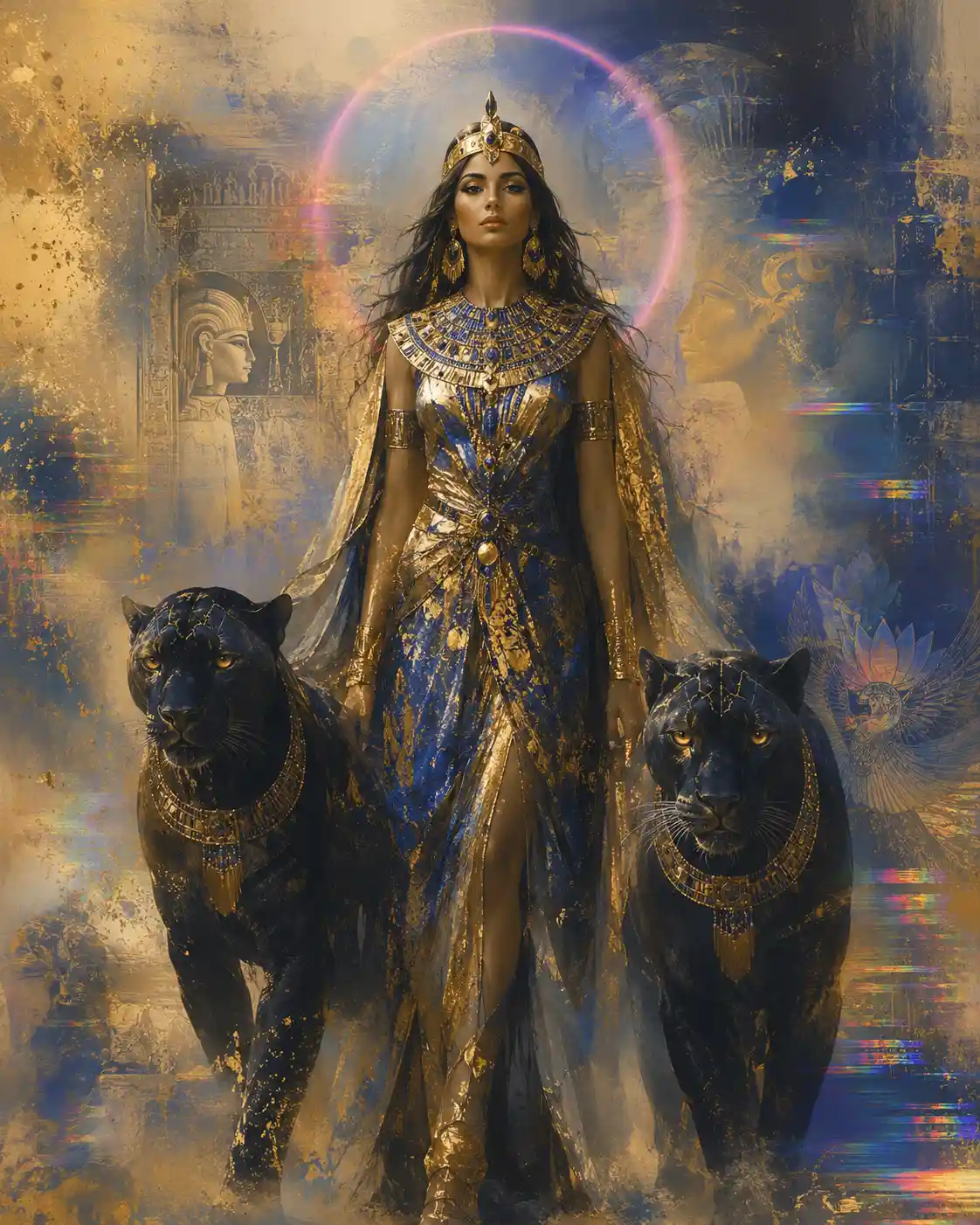 Egyptian queen with black panthers in luminous golden aura