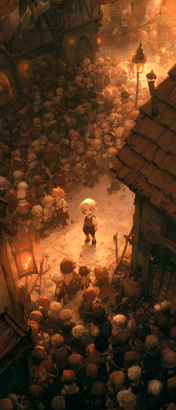 Anime children playing in a solemn medieval town square