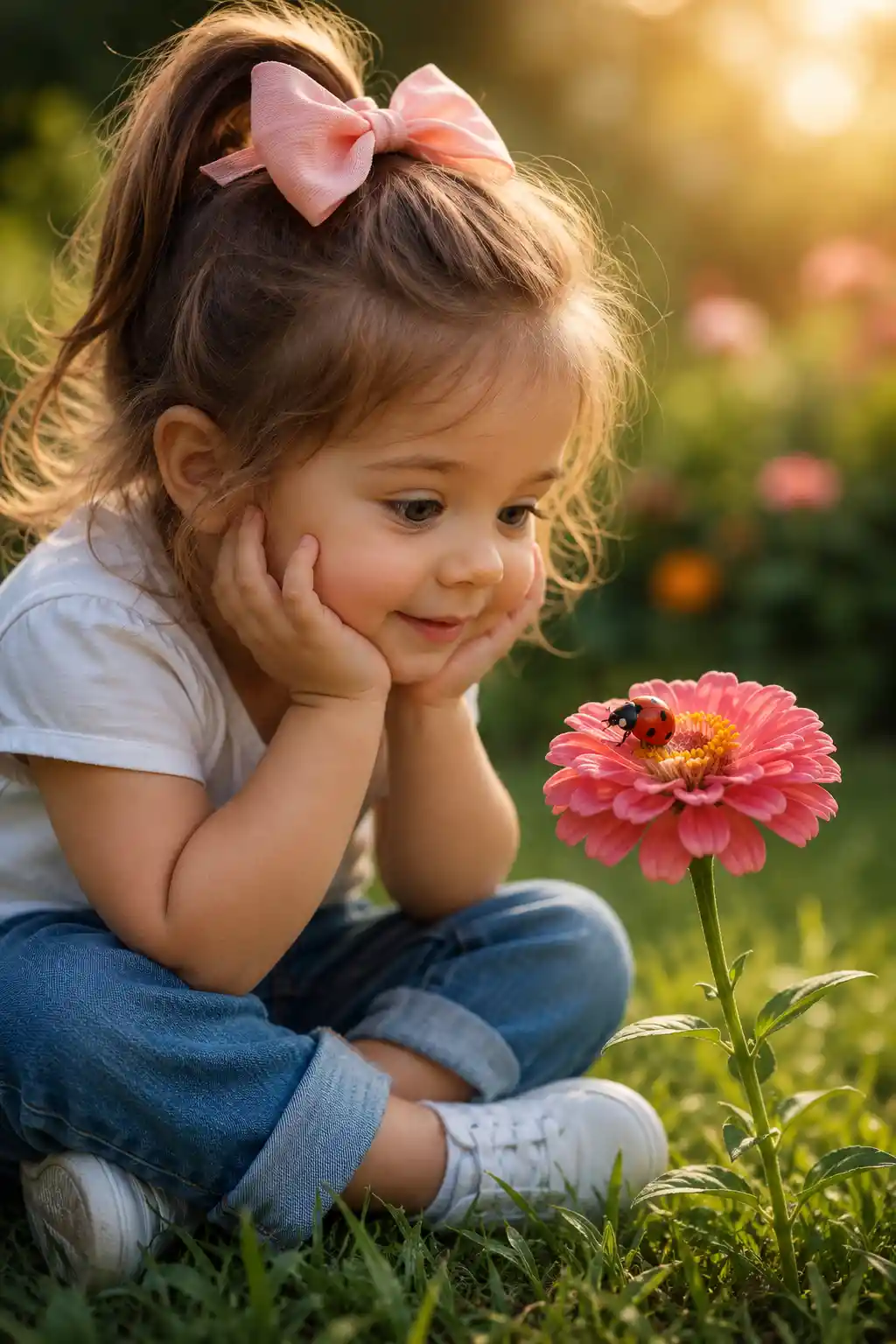 Little girl watching a ladybug on a single flower
