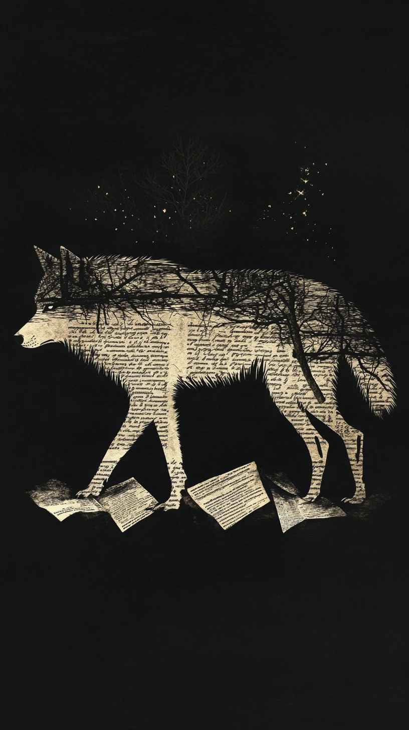 Lone wolf walking through a surreal manuscript woven darkness