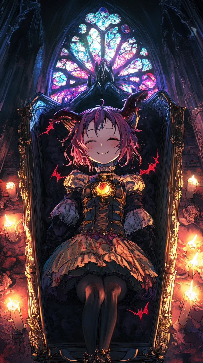 Anime girl sleeping in chained coffin in gothic cathedral