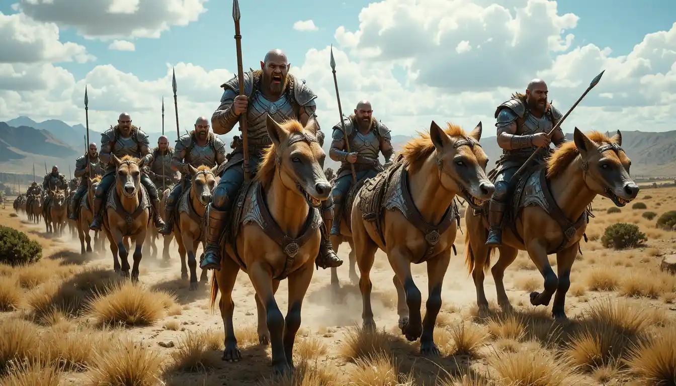 Orc warriors riding hyena beasts across dry grassy plains