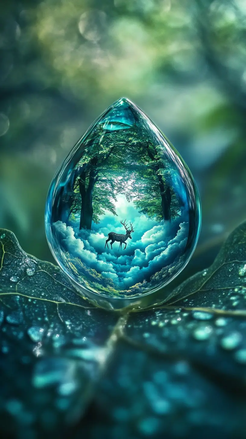 葉片上的微距水滴，盛載一座迷你森林