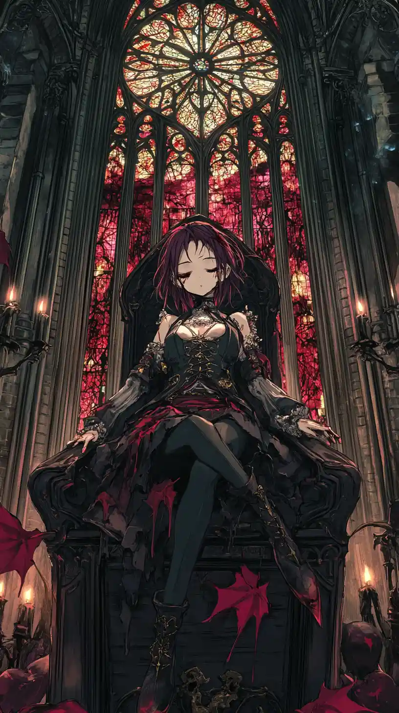 Anime girl sleeping in chained coffin in gothic cathedral
