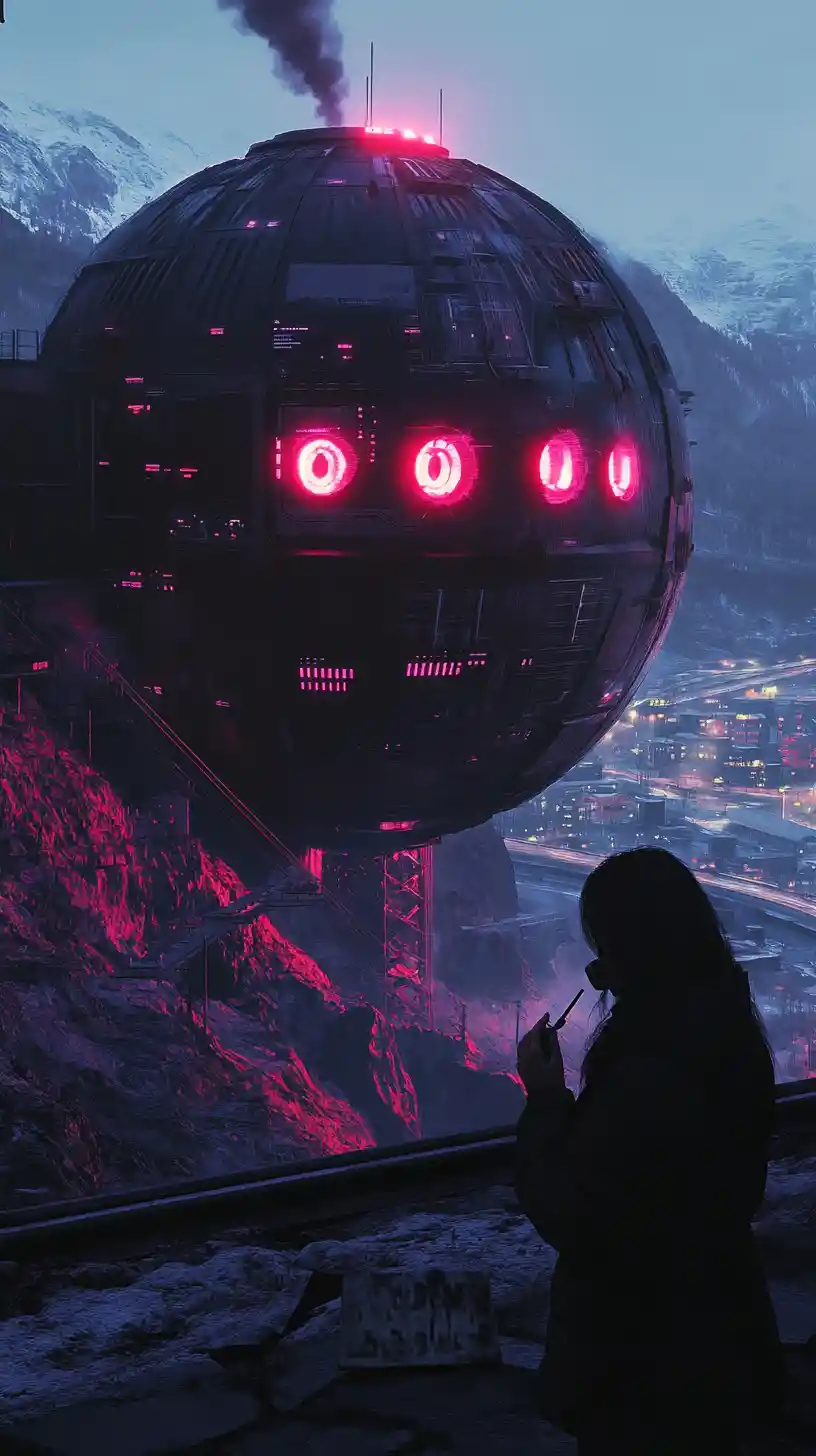 Anime girl smoking before a futuristic crystal mine