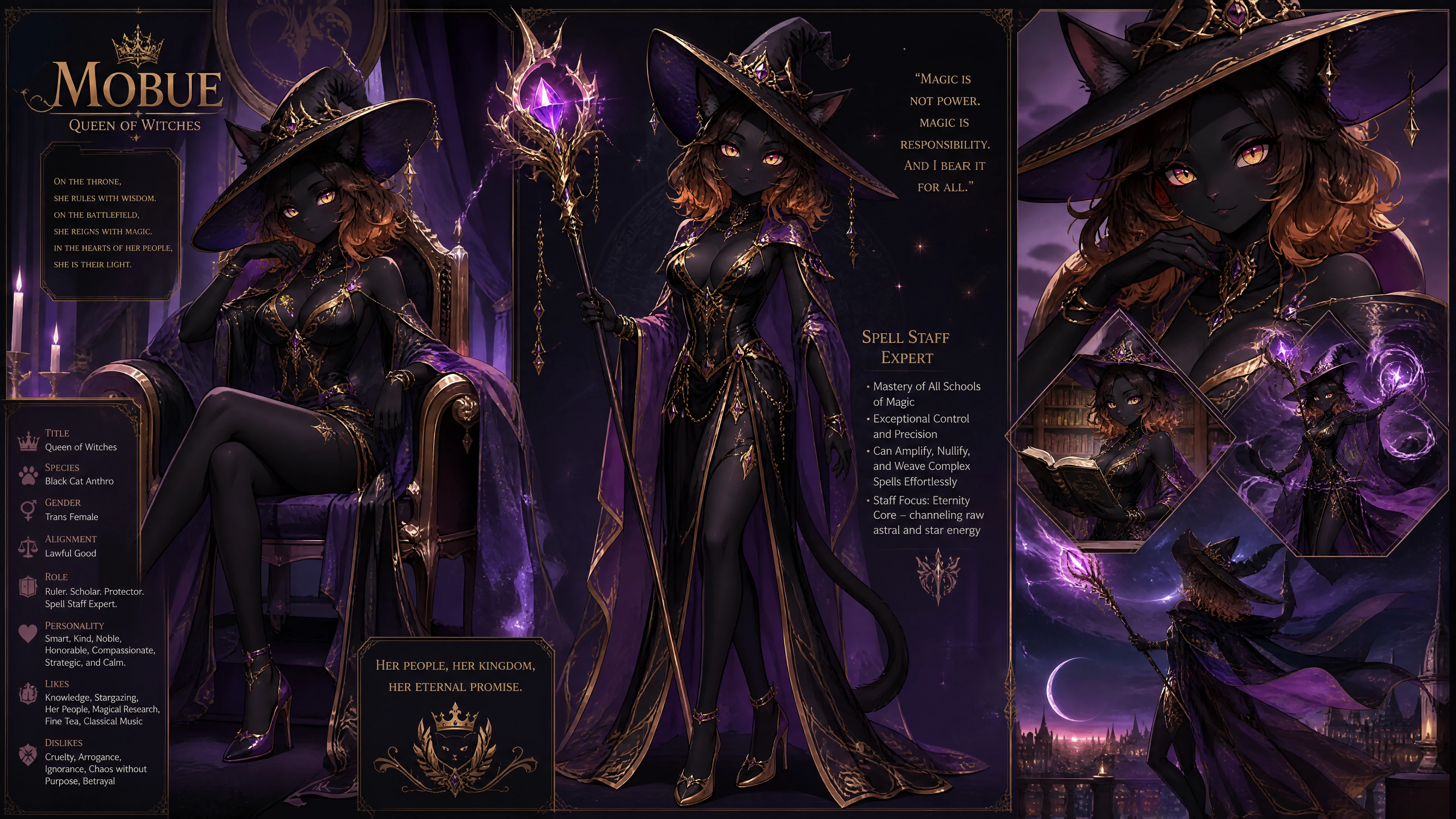 Regal black cat witch queen with ornate staff and hat