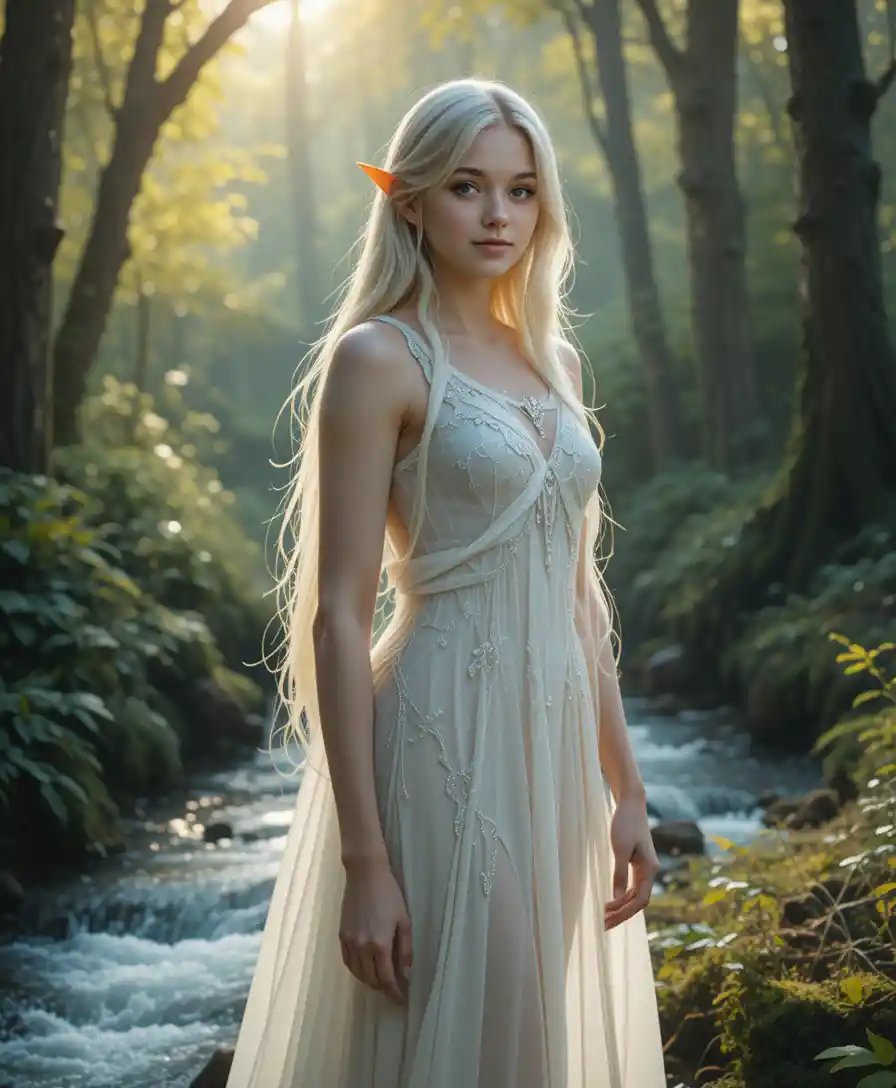Elf maiden in sheer white beside a forest stream