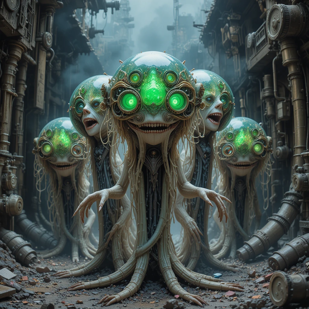 Surreal glass headed fungal creatures in a mechanical dreamscape