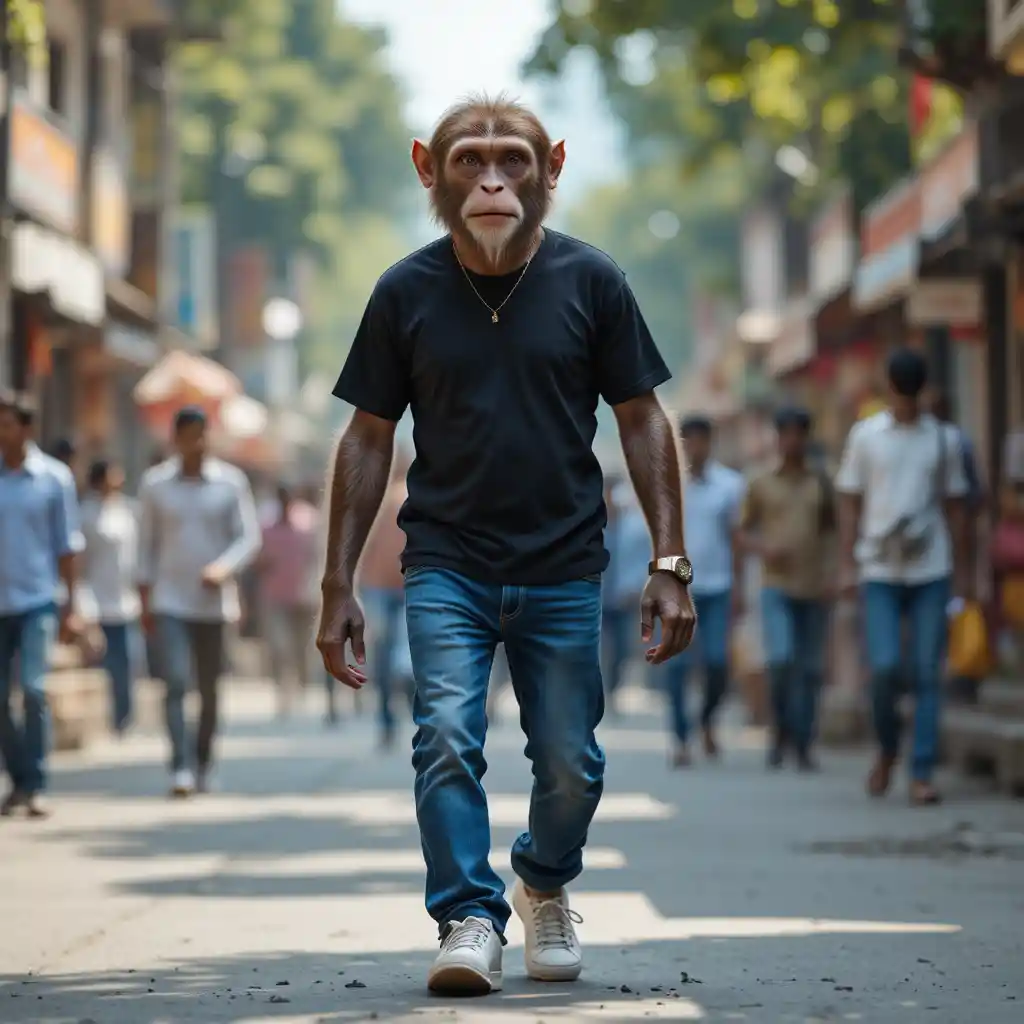 Anthropomorphic monkey walking confidently on busy city street