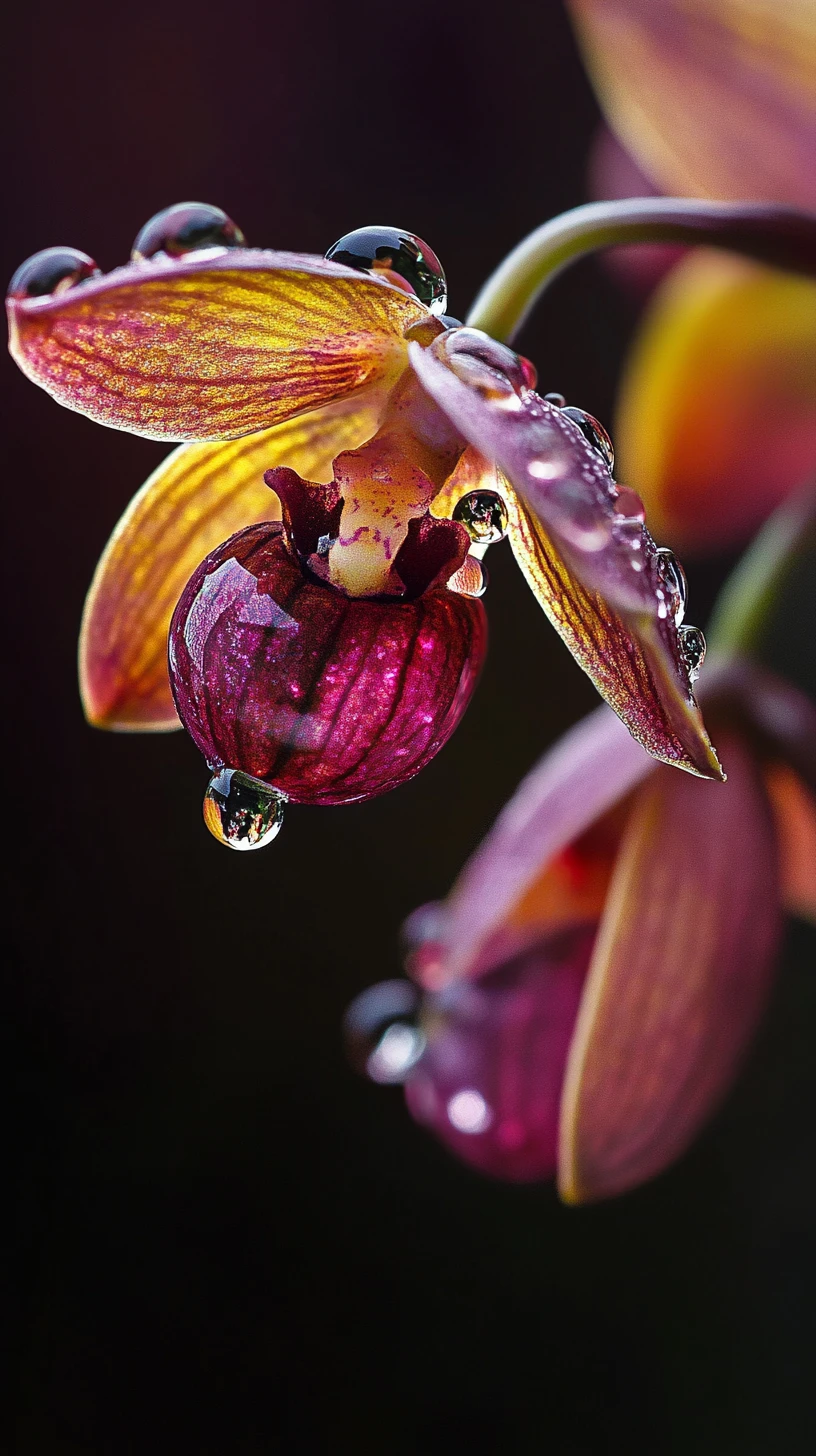 Retrato macro de una orquídea rara con gotas de lluvia como diamantes