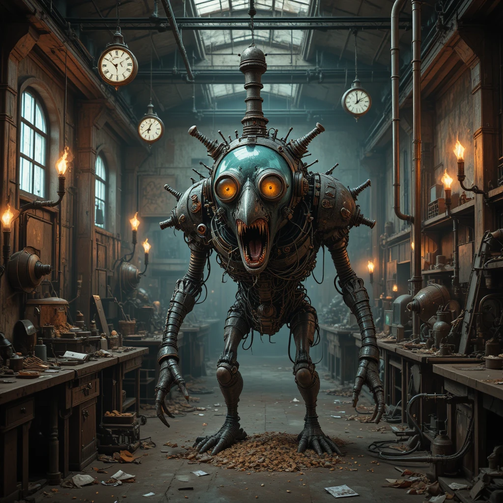 Surreal terror machine creature in an abandoned slaughterhouse
