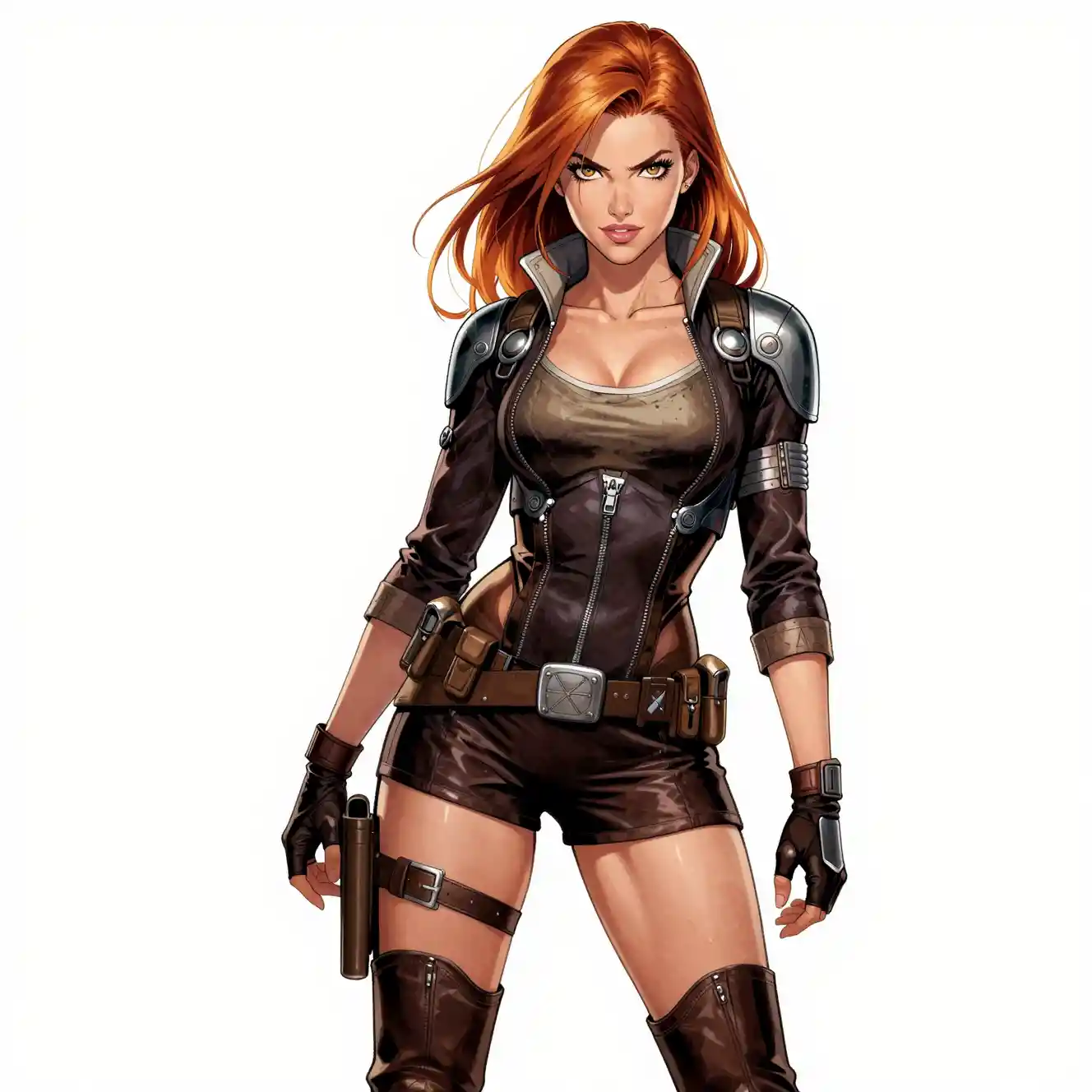 Confident spacefaring woman in sleek futuristic fashion