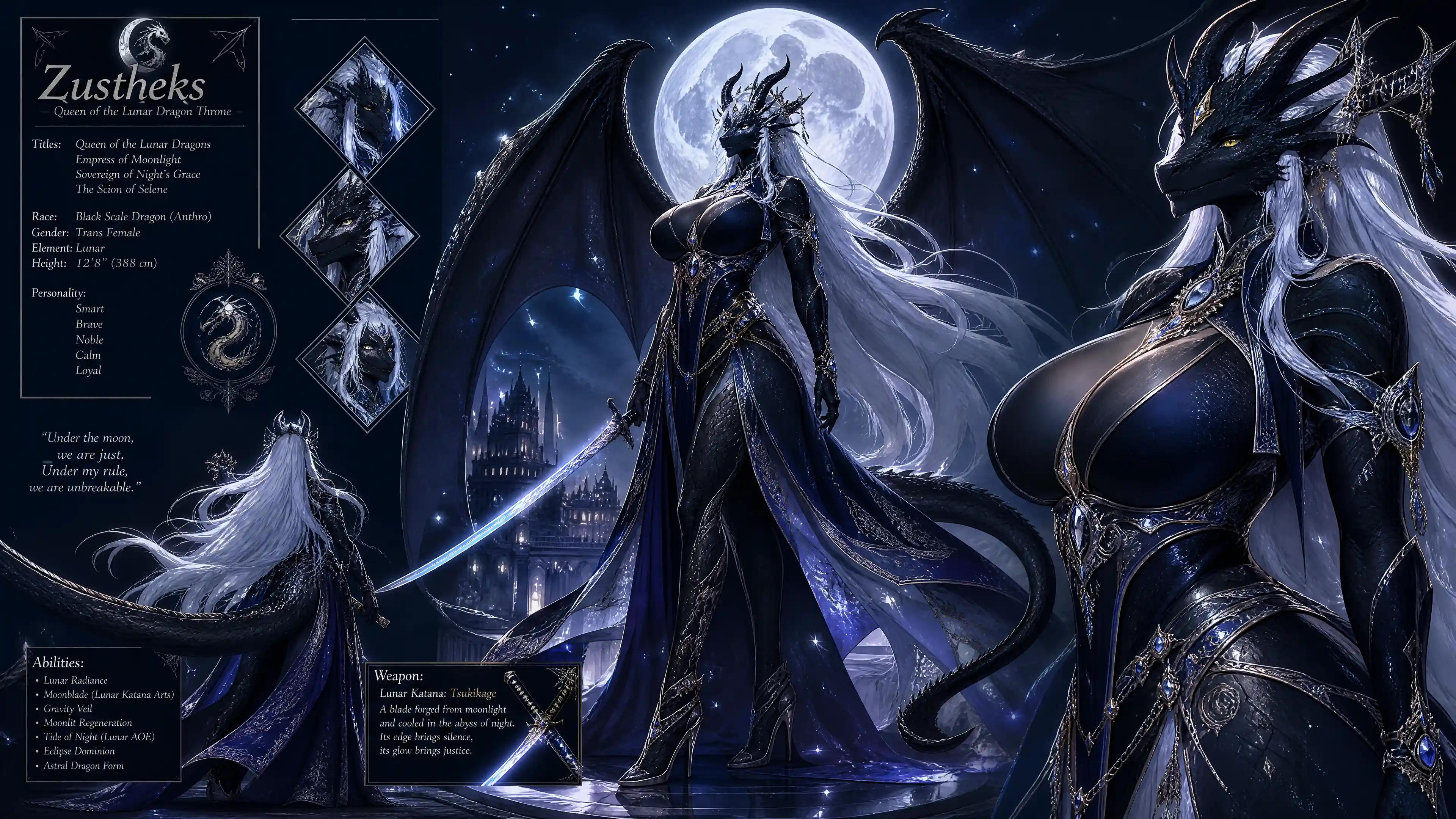 Regal winged dragon queen with flowing white hair